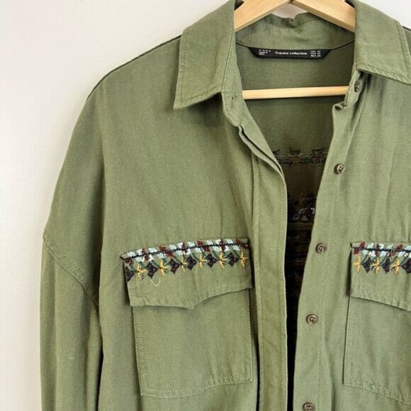 Zara Trafulac Collection Women’s XS Army Green Embroidered Button Down Shirt Top - Picture 3 of 13